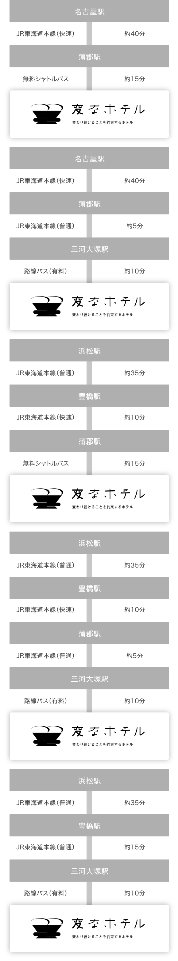 名古屋駅から蒲群駅まで約40分。蒲群駅から無料シャトルバスまたは三河大塚駅から路線バス(有料)で約15分。浜松駅から蒲群駅または三河大塚駅まで約50分。蒲群駅から路線バス(有料)または三河大塚駅から路線バス(有料)で約15分。